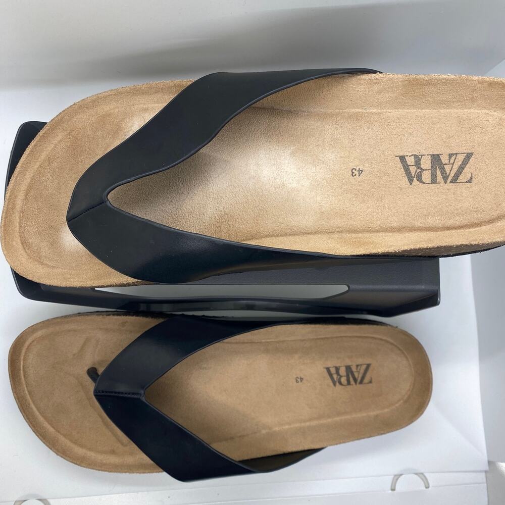 Zara Flip Flops black leather cork mens sz 9-1/2 (43) - Picture 2 of 7
